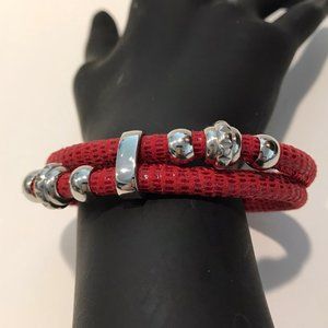 Two Strand Red Cord and Stainless Steel Spacers Bracelet Magnetic Secure Clasp